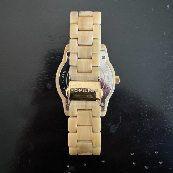 EUC Michael Kors Faux Horn Mother Of Pearl Dial Jet Set Watch Beige Gold Tone - Picture 2 of 4